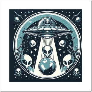 Grey Aliens in a UFO Posters and Art